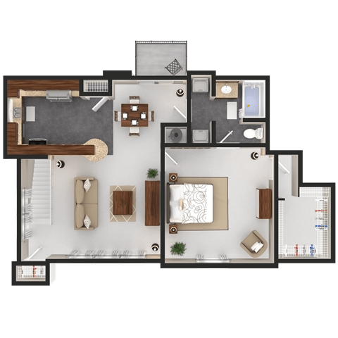 A top-down view of a house floor plan with a living room, kitchen, and two bedrooms.